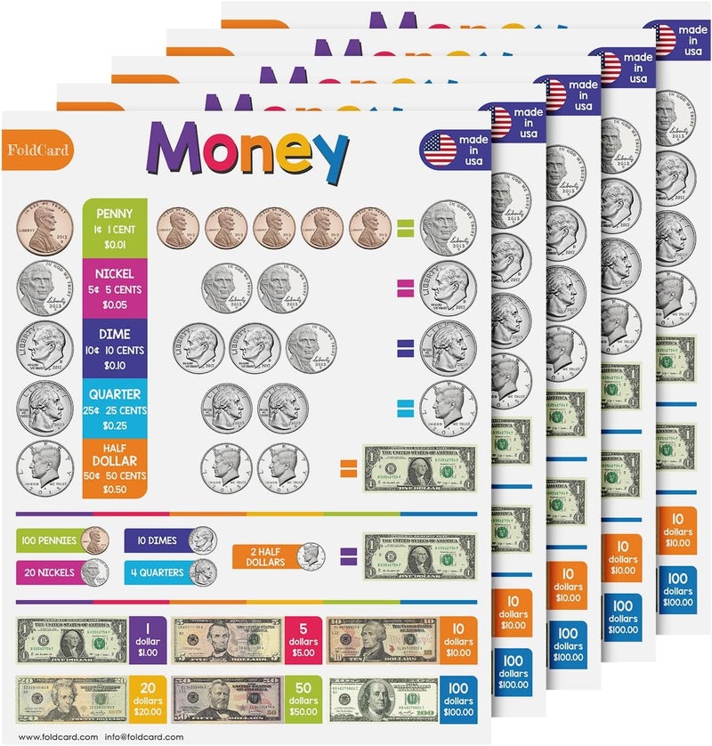 FoldCard U.S. Money Chart for Preschool to Grade 1 Kids – Bright and Colorful Educational Visual / Learning Aid Poster Decoration for Classroom or Home | Glossy Durable Cardstock | 8.5" x 11" | 5 per Pack - Image 1